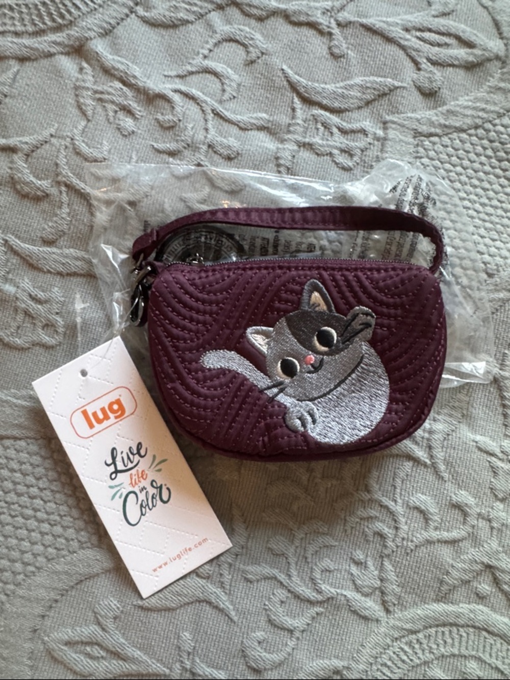 Lug Embroidered Cat Wine Red Disco RFID Zippered Bag Pouch – Gray Kitten